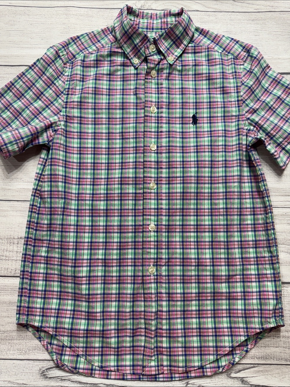 Ralph Lauren Boys Short-Sleeve Plaid Button-Down in Pink, Green, Blue, & White